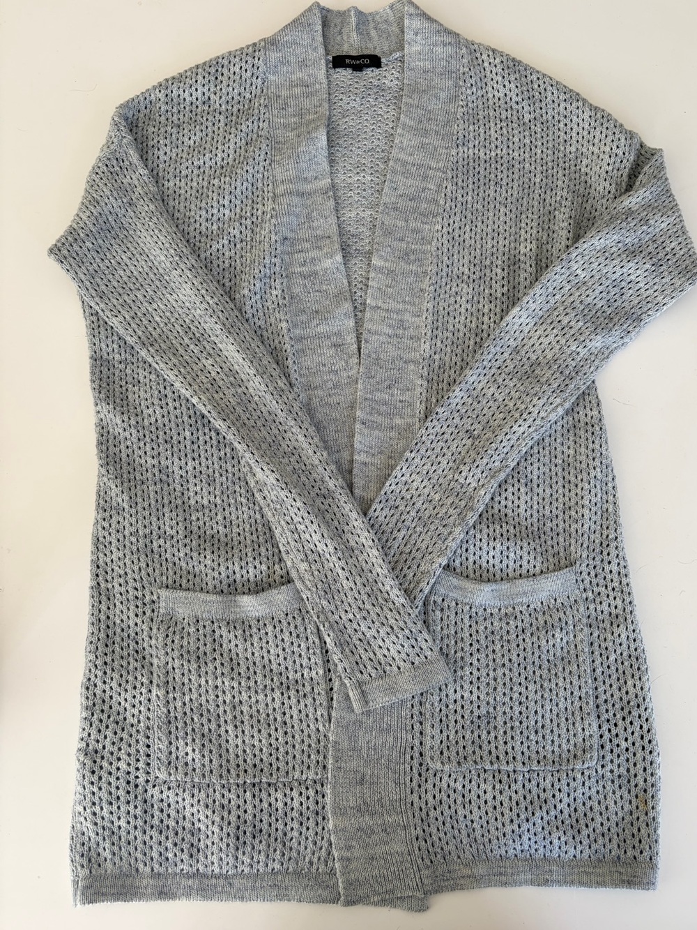 RW&CO Light Blue Grey Open Knit Long Cardigan Pockets XXS